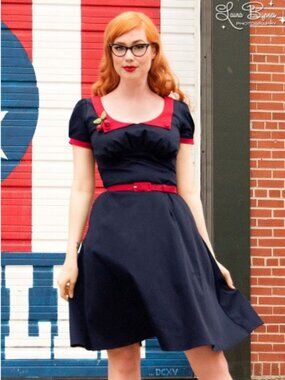 Dorothy Dress in Navy with Red Trim Pinup Couture Retro Swing XL